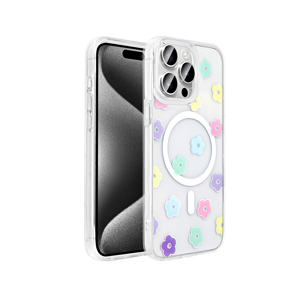 Renkli çiçek desenli ve manyetik halkalı şeffaf telefon kılıfı.