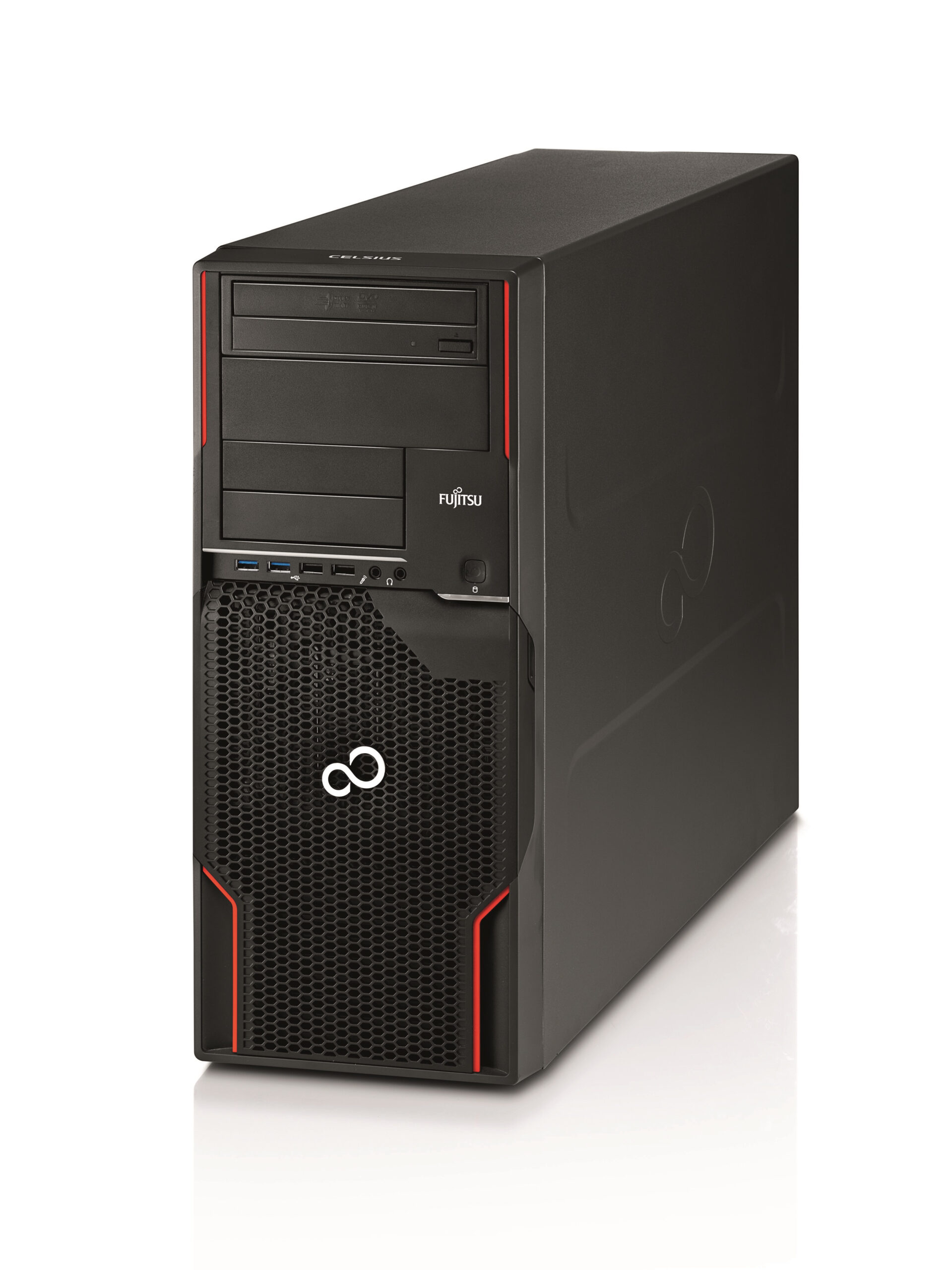 Un PC de escritorio Fujitsu Celsius negro con detalles rojos descansa sobre fondo blanco.