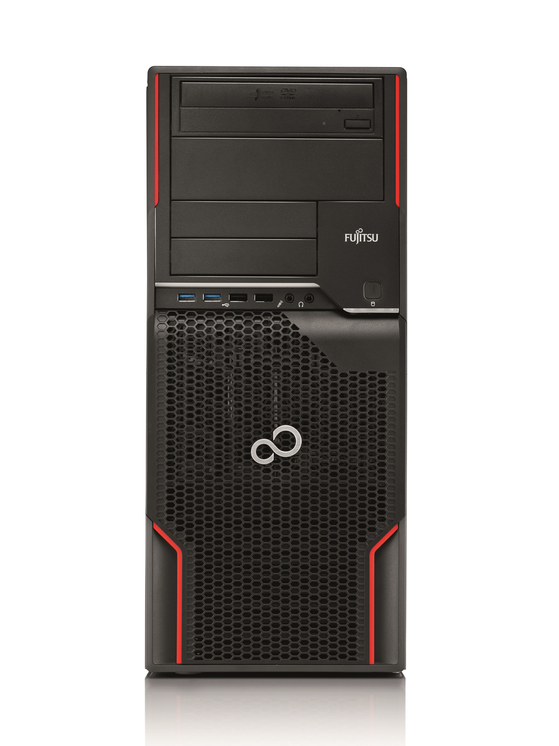 PC torre Fujitsu negro con detalles rojos y panel frontal de panal.
