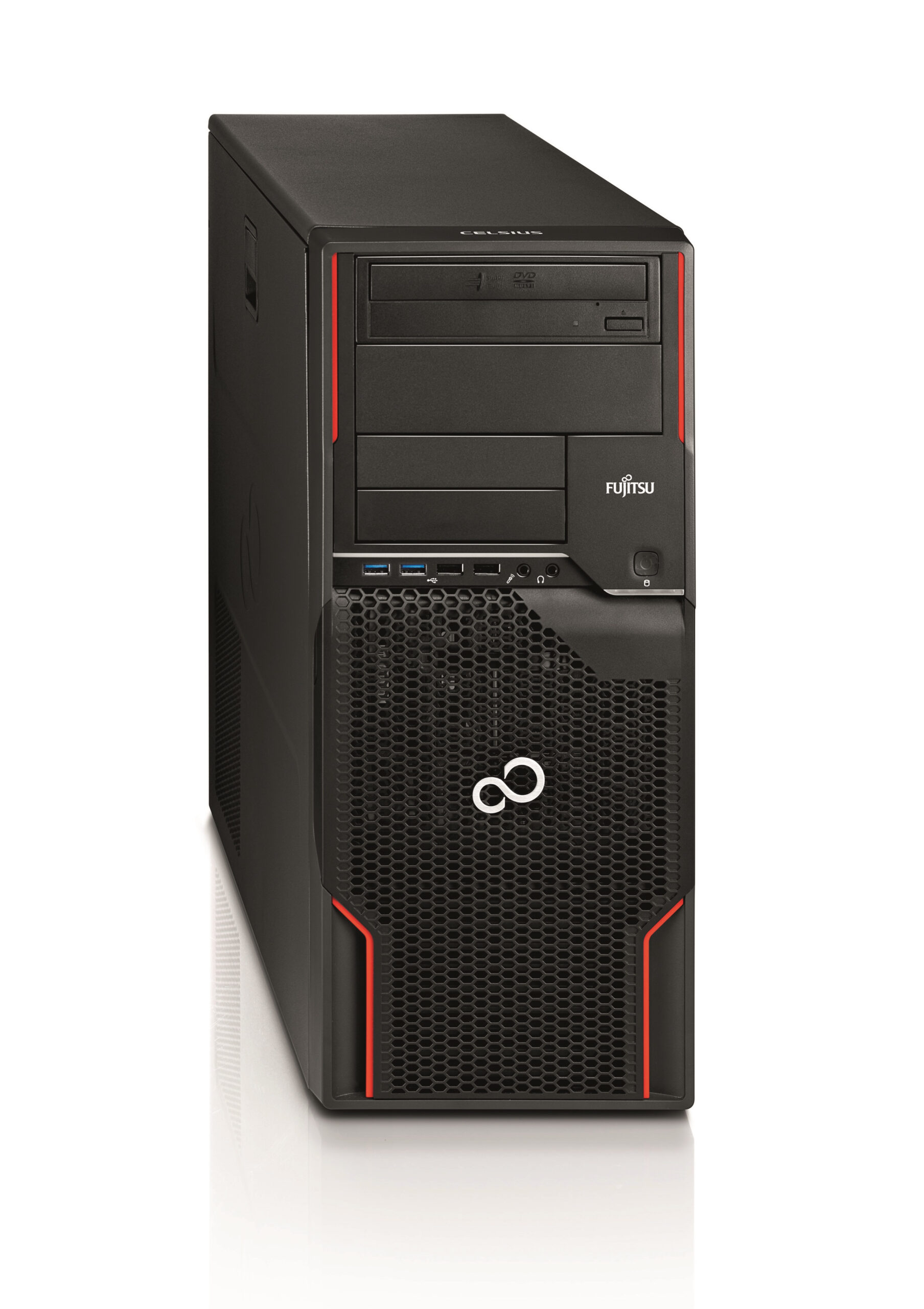 PC torre Fujitsu Celsius negro con detalles rojos y rejilla panal.