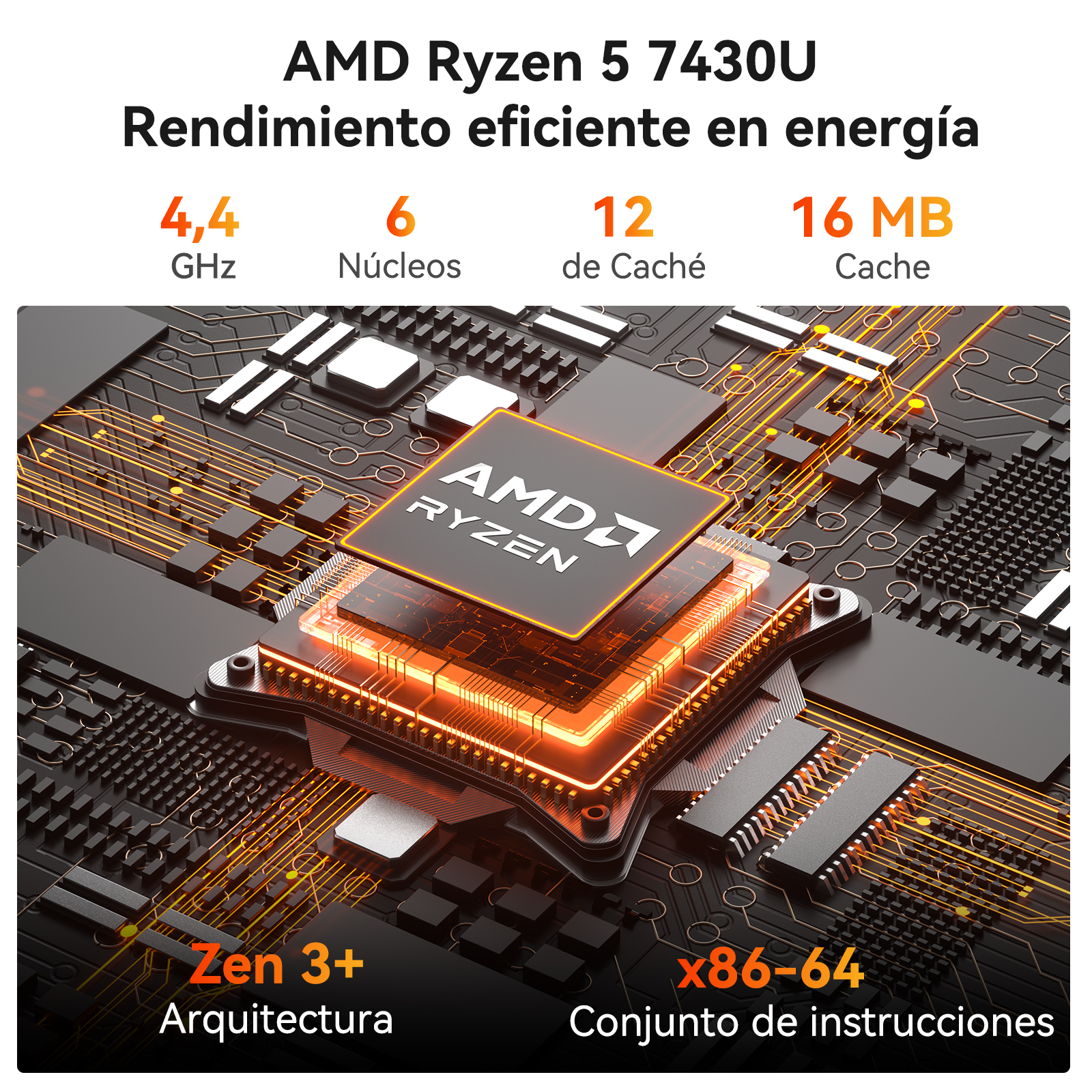 Procesador AMD Ryzen 5 con 4,4 GHz, 6 núcleos, 12 MB de caché en placa.