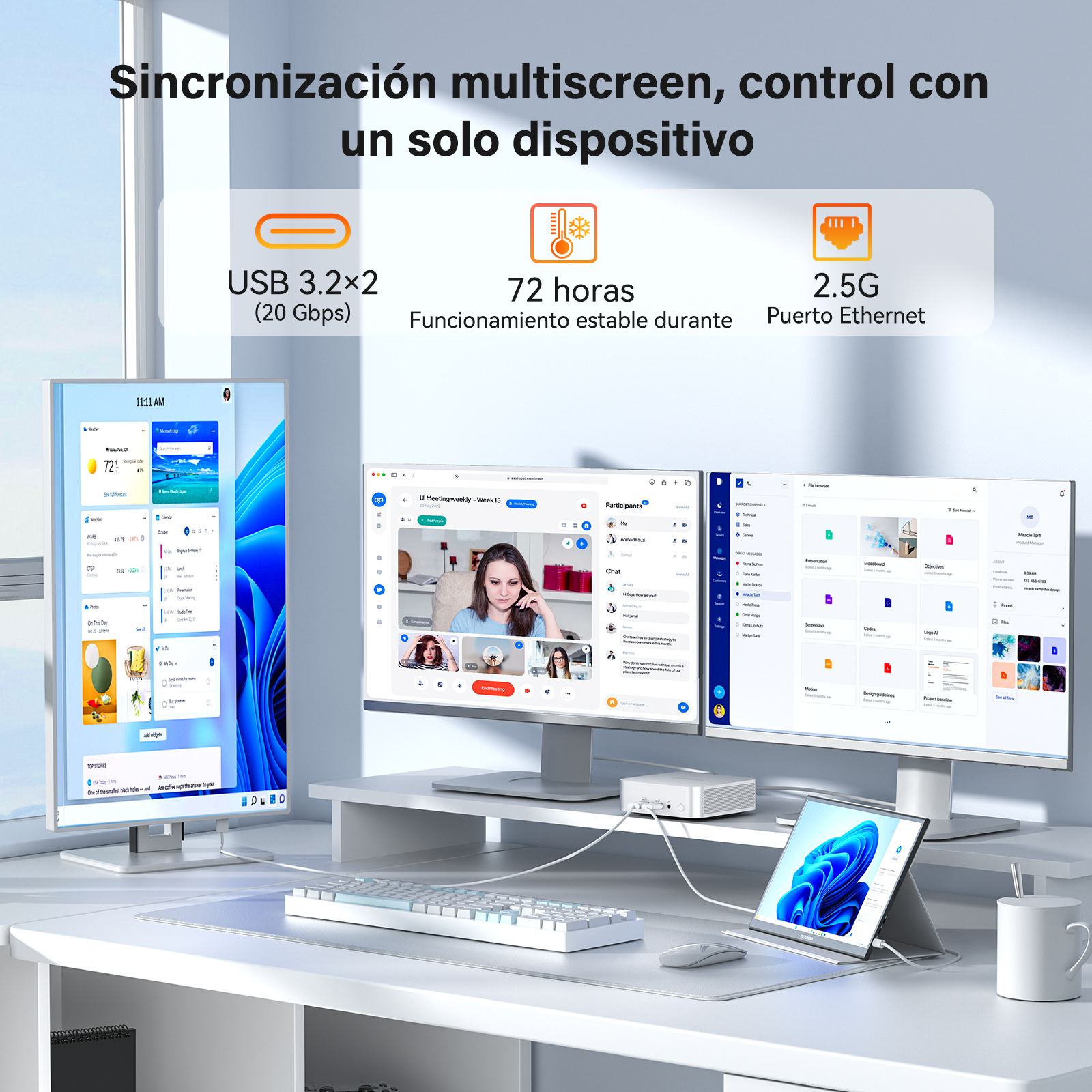 Configuración de escritorio con tres monitores, teclado, ratón y una tableta pequeña.