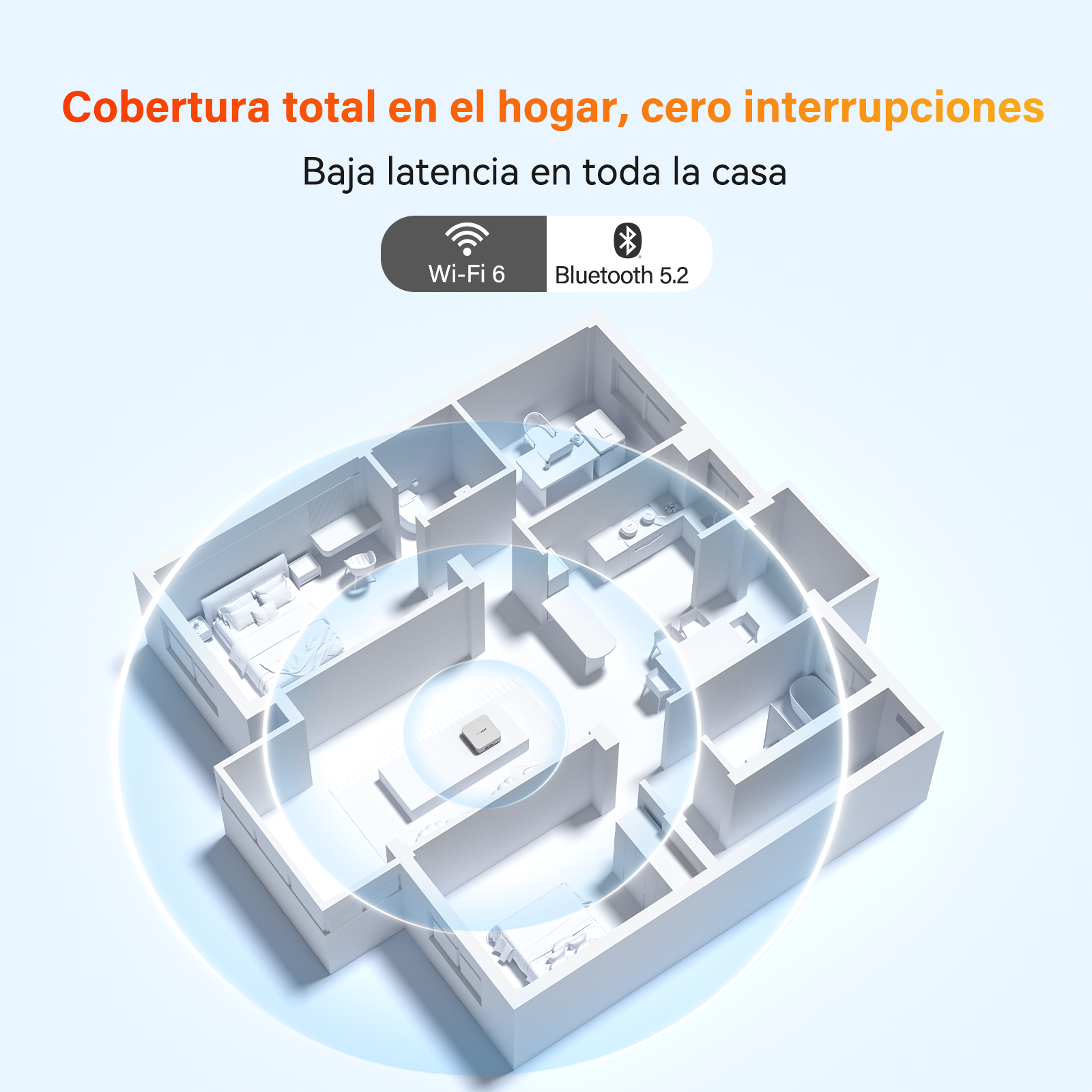 Plano de planta 3D de una casa con cobertura Wi-Fi y Bluetooth.