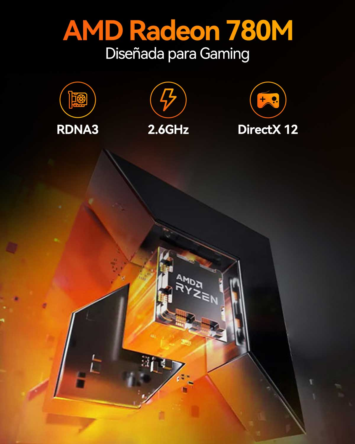 GPU AMD Radeon 780M con RDNA3, 2.6GHz, DirectX 12.