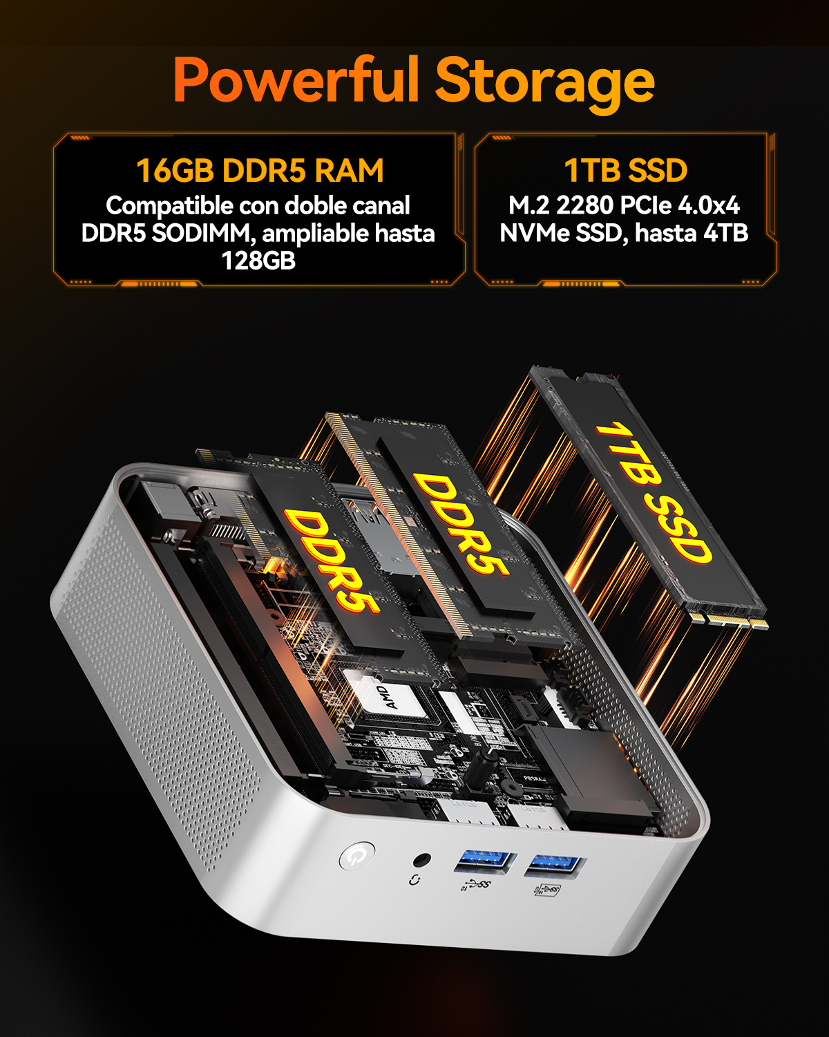 Mini-PC con RAM DDR5 y SSD de 1TB. Muestra componentes internos como módulos RAM y SSD.