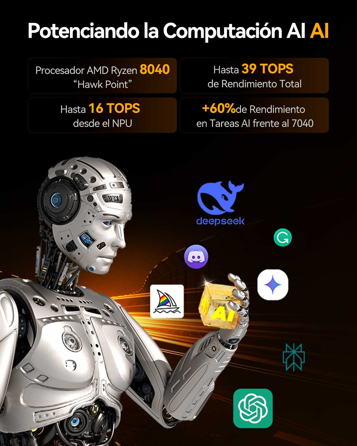 Un robot sostiene un cubo de IA, rodeado de iconos de aplicaciones y métricas.