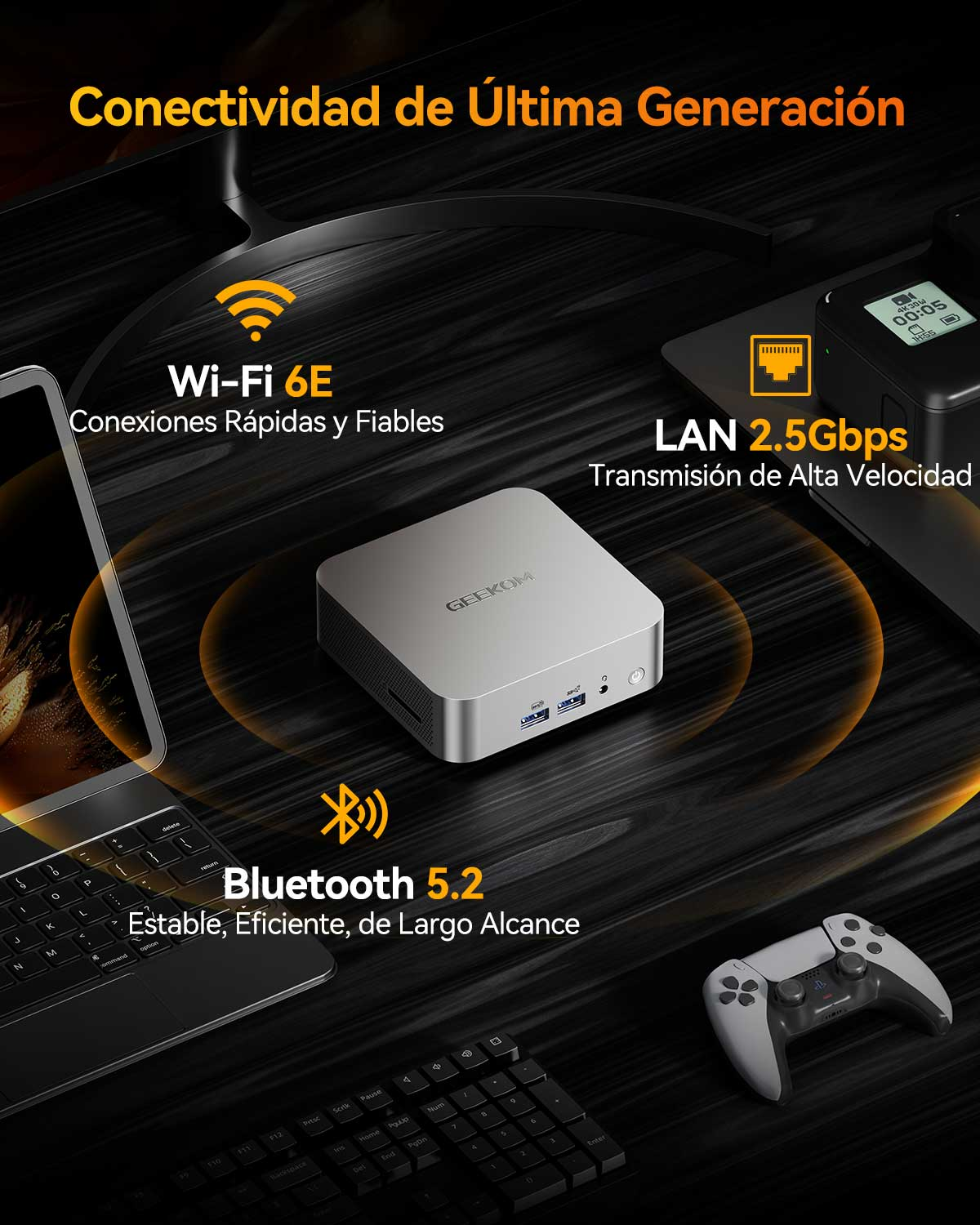 Mini PC GEEKOM con portátil, mando y teclado. Incluye Wi-Fi 6E, LAN 2.5Gbps, Bluetooth 5.2.