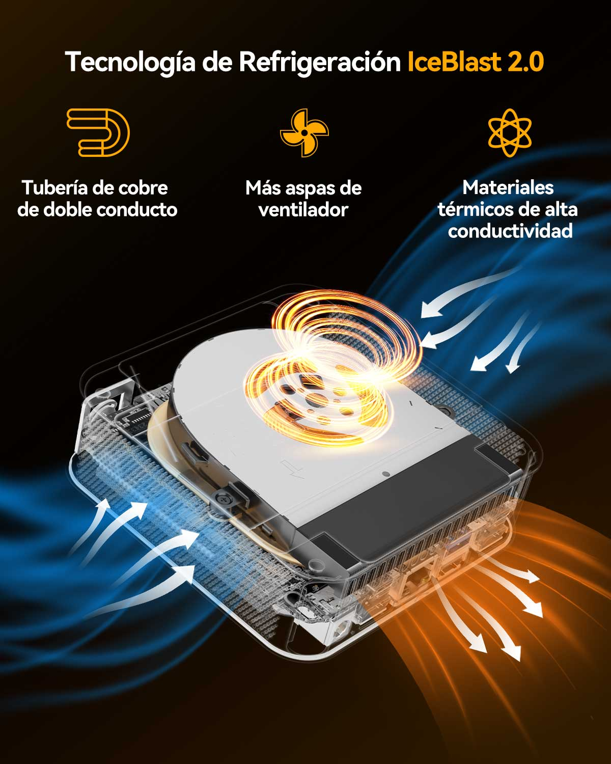 Tecnología de refrigeración con tuberías de cobre, aspas y materiales térmicos.