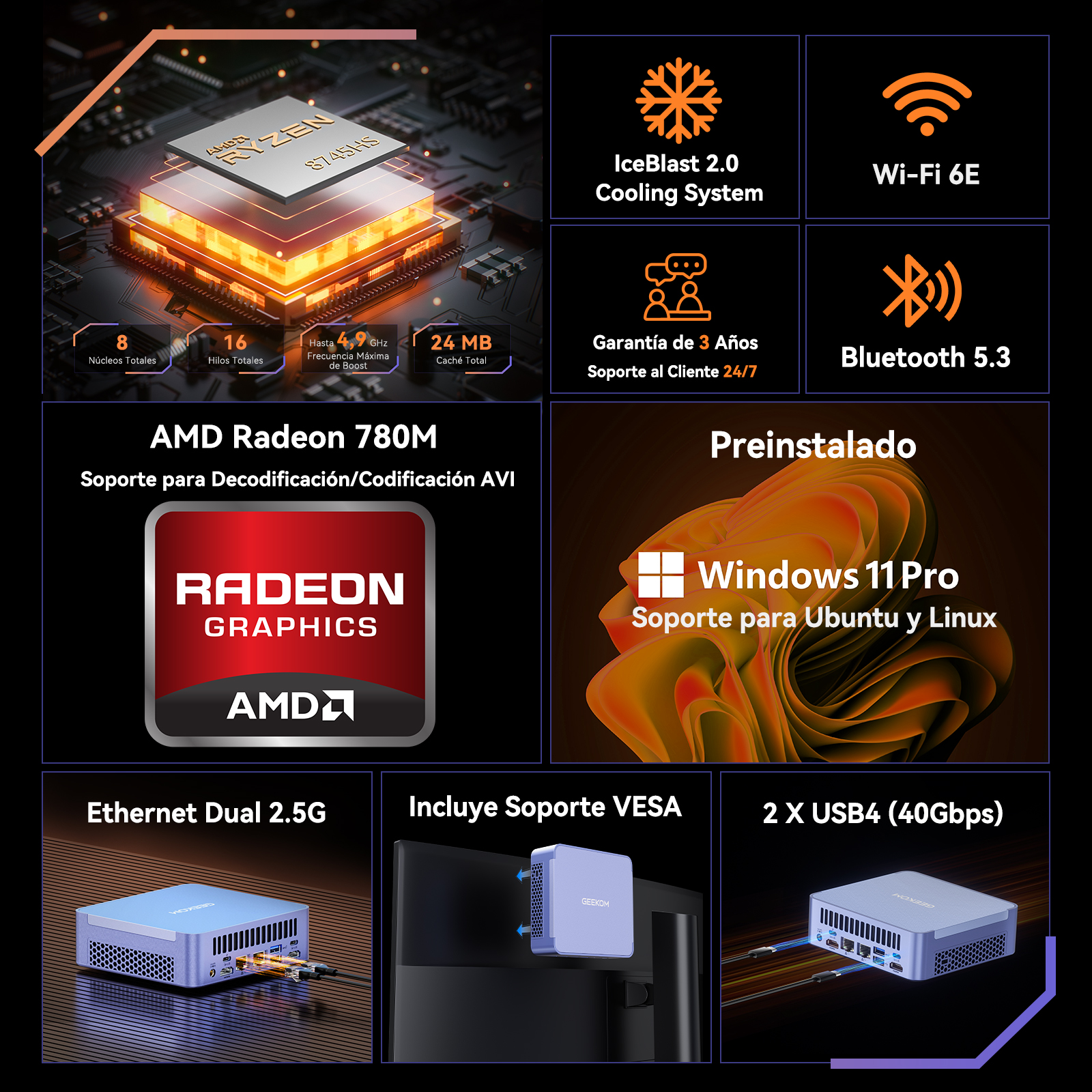 Gráficos del procesador AMD Ryzen, refrigeración, Wi-Fi 6E, garantía, Bluetooth, Windows 11 Pro.