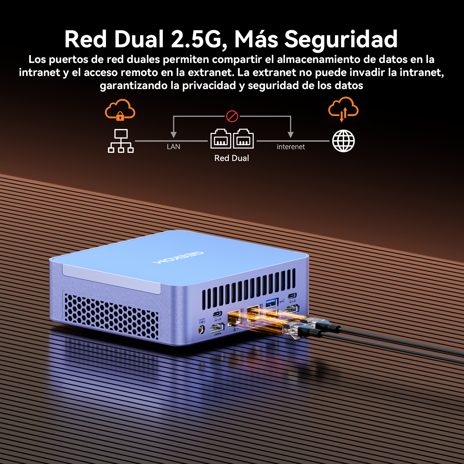 Un dispositivo mini PC azul con cables de red conectados, conectando LAN e Internet.