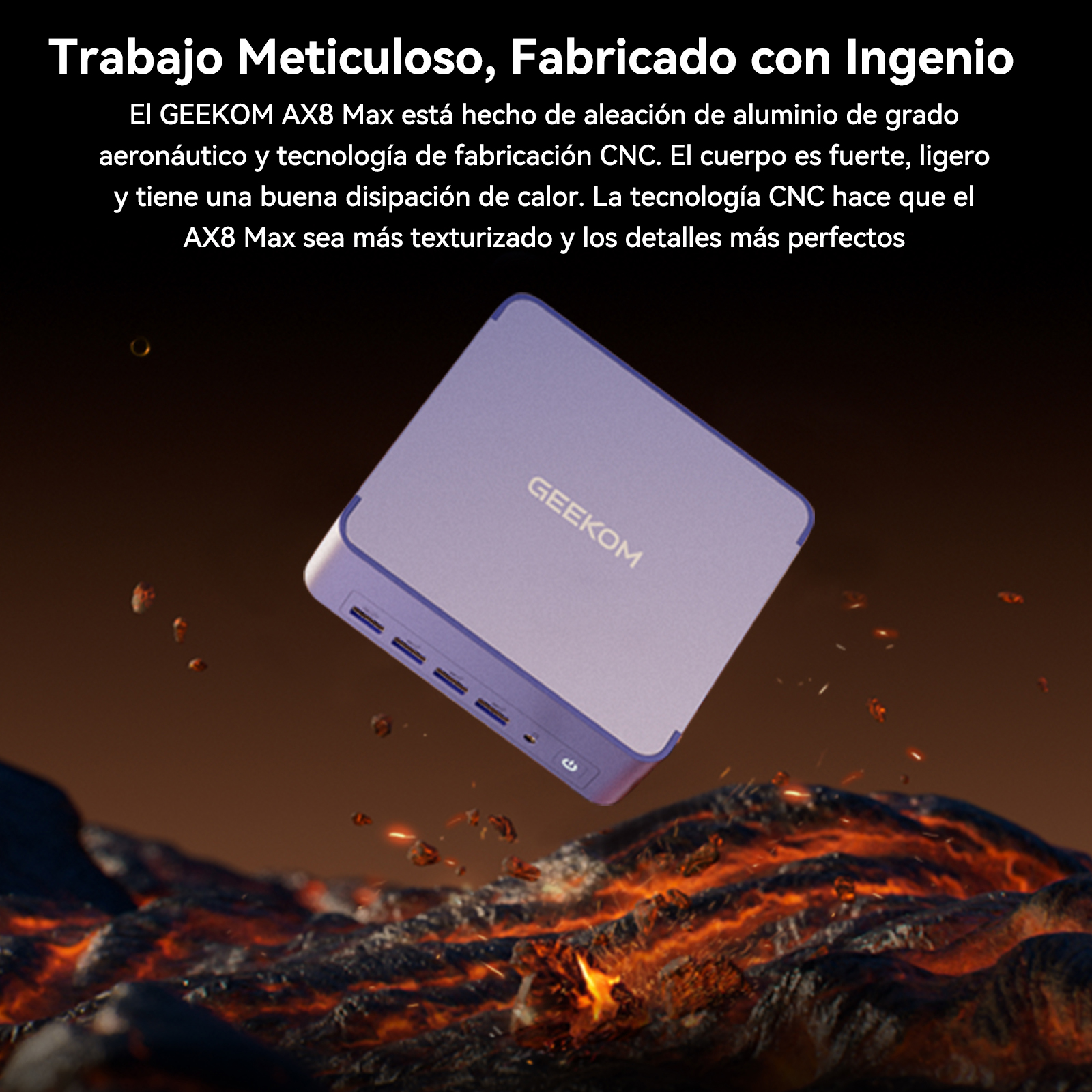 Una computadora GEEKOM AX8 Max morada flota sobre lava incandescente.