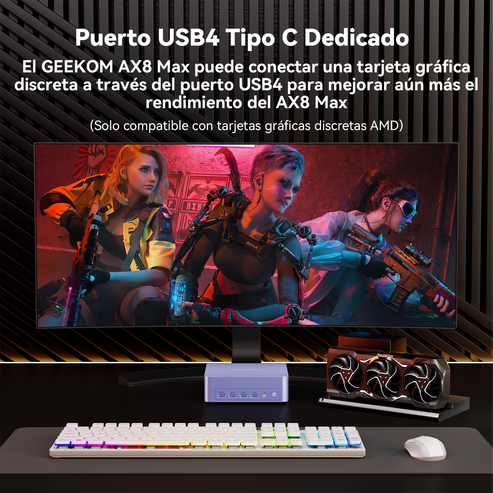 Tres mujeres con atuendo cyberpunk, un PC, teclado y ratón.