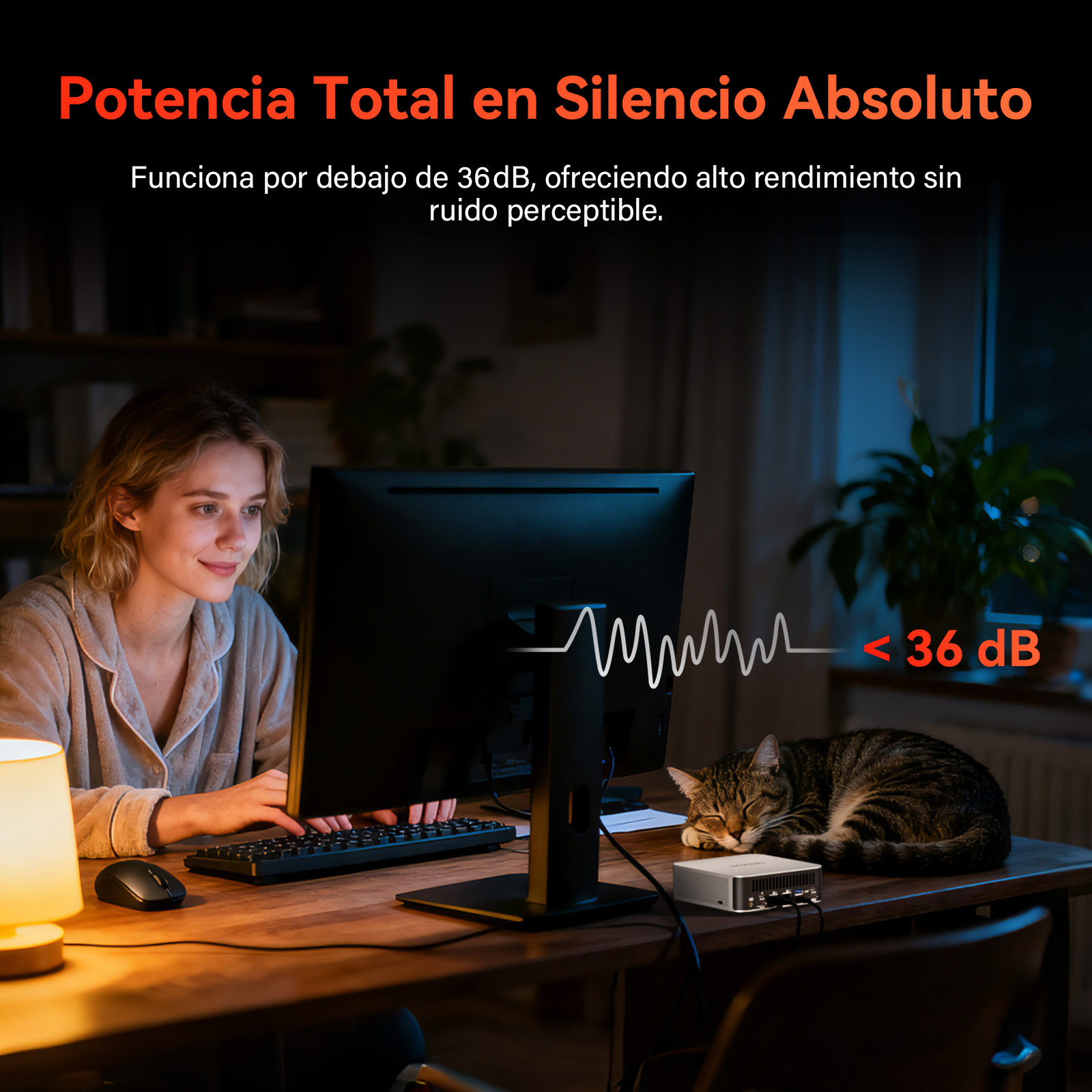 Una mujer trabaja en un ordenador, un gato duerme cerca. Menos de 36 dB.