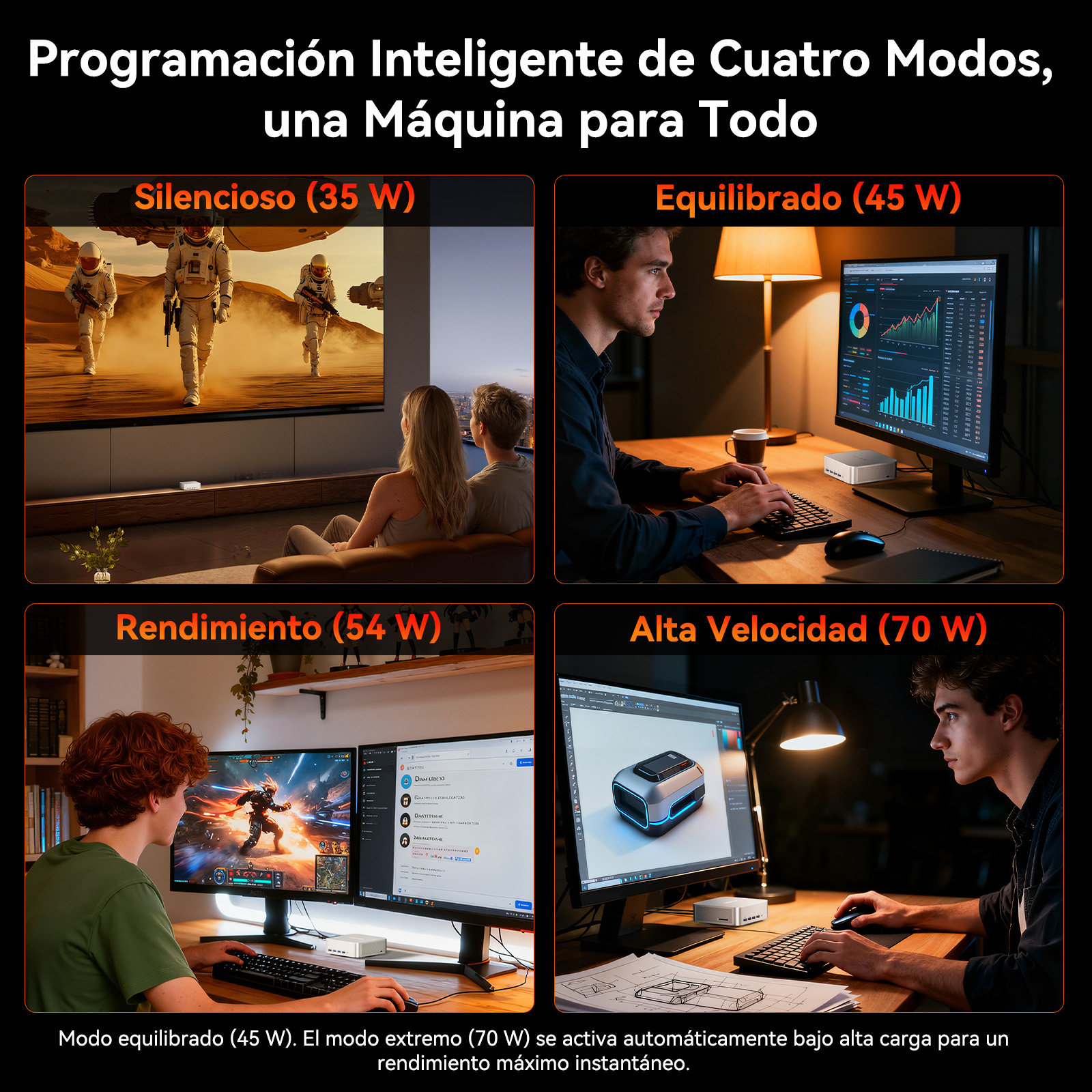 Cuatro modos inteligentes: astronautas en desierto, hombre en PC, gamer, hombre con diseño 3D.