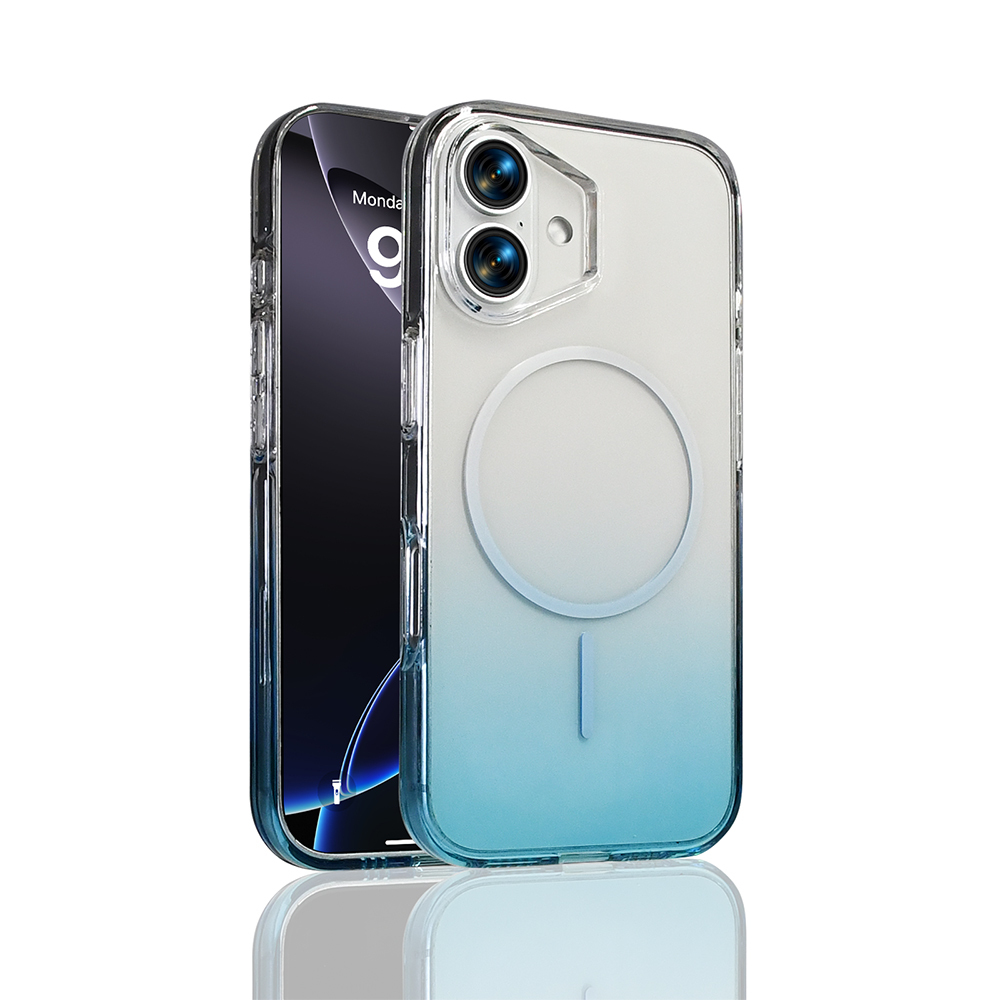 Mavi degrade ve manyetik halkalı şeffaf telefon kılıfı.