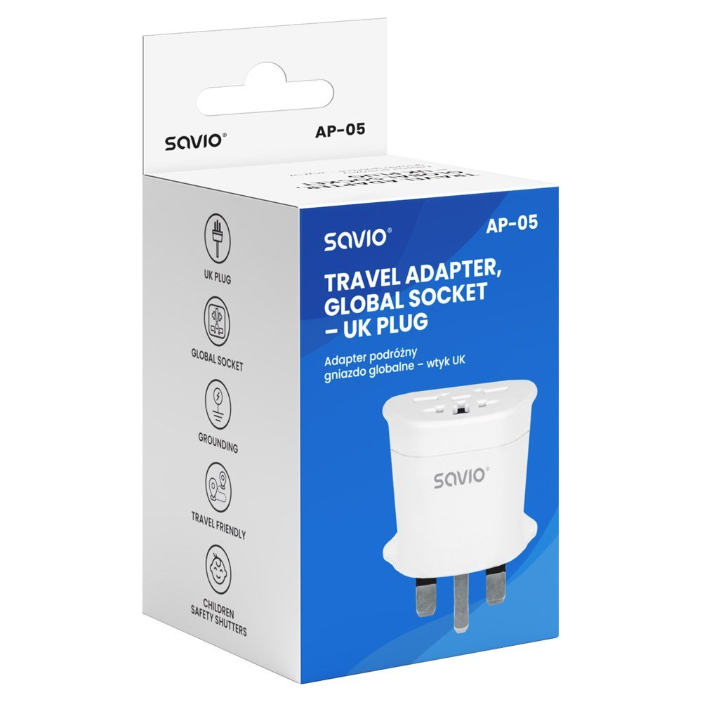 Białe opakowanie adaptera podróżnego z logo Savio i szczegółami produktu.
