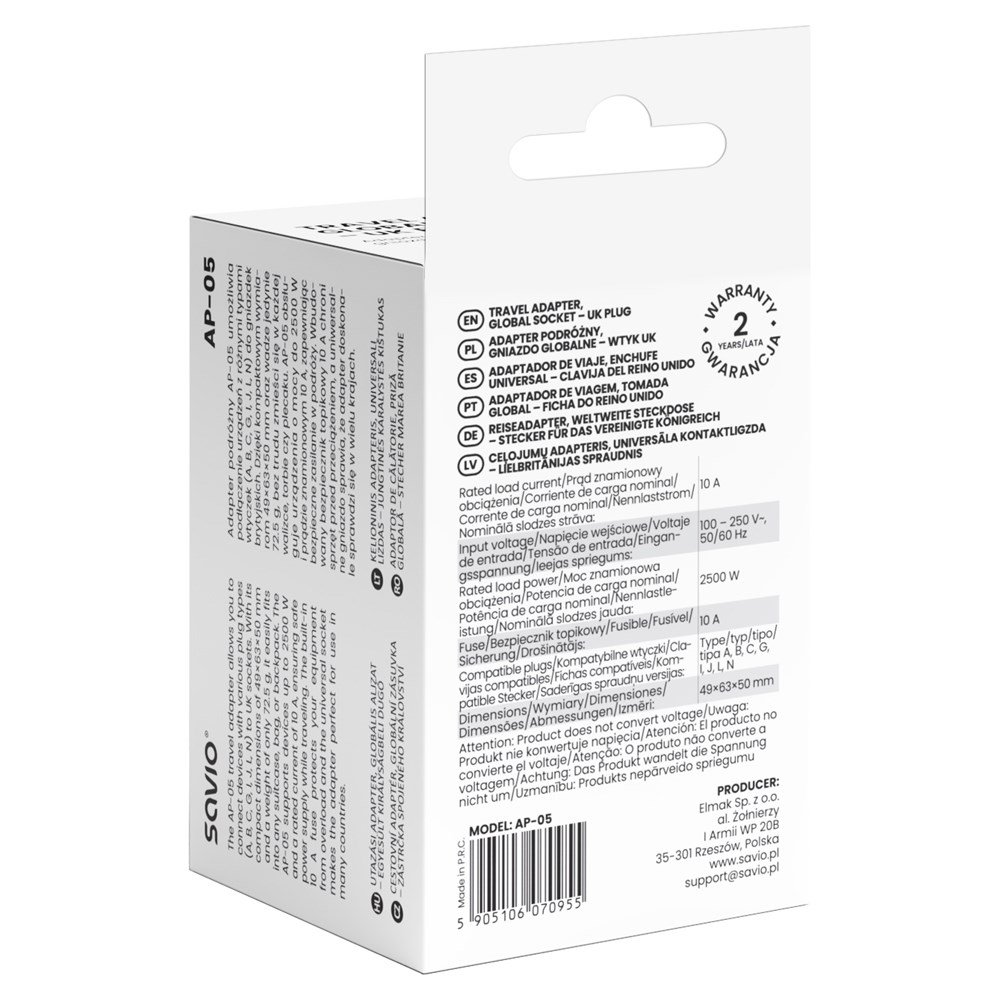 Adapter podróżny Savio AP-05 do gniazd UK, obsługuje różne typy wtyczek (A, B, C, G, I, J, L, N).