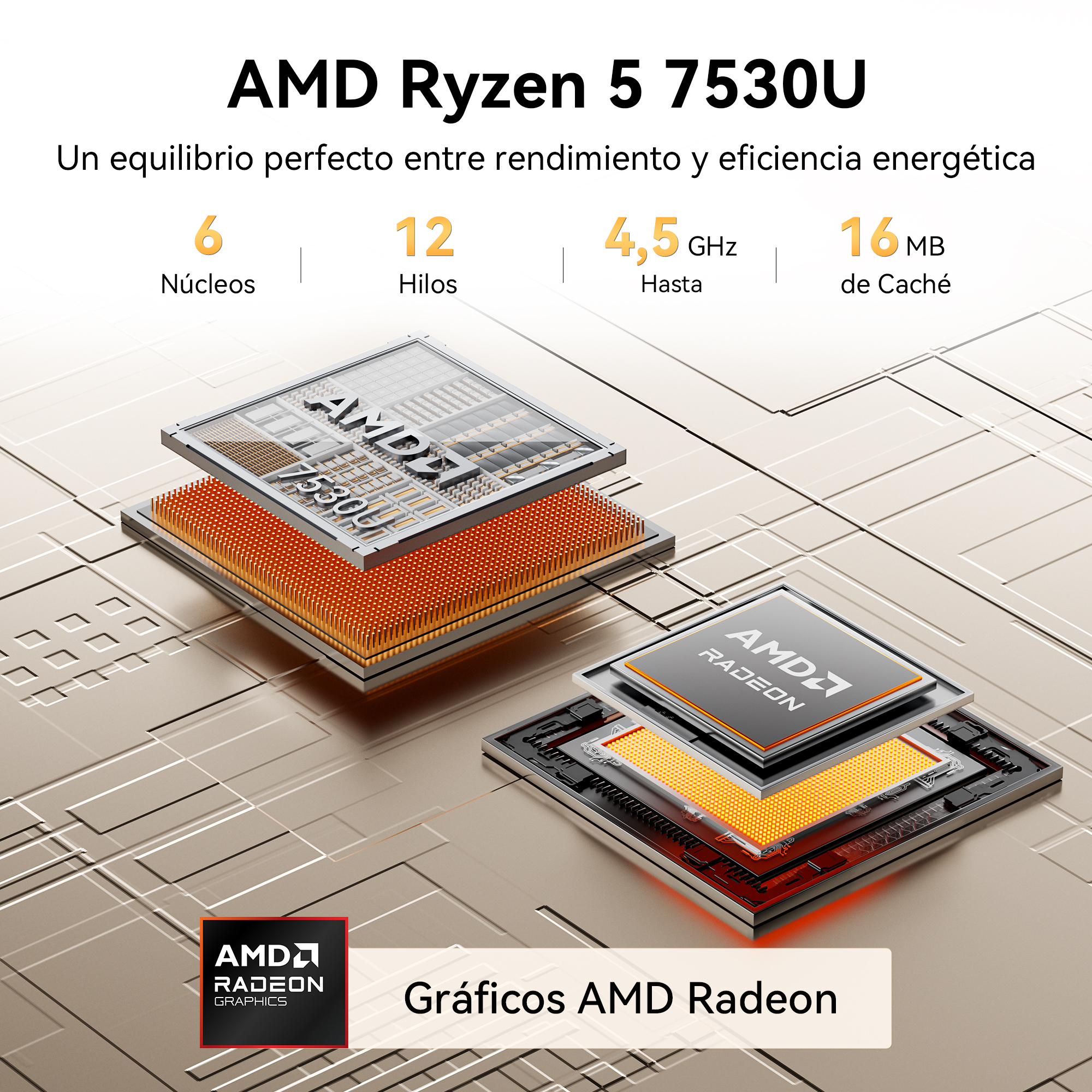 Procesador AMD Ryzen 5 7530U y tarjeta gráfica Radeon sobre fondo.