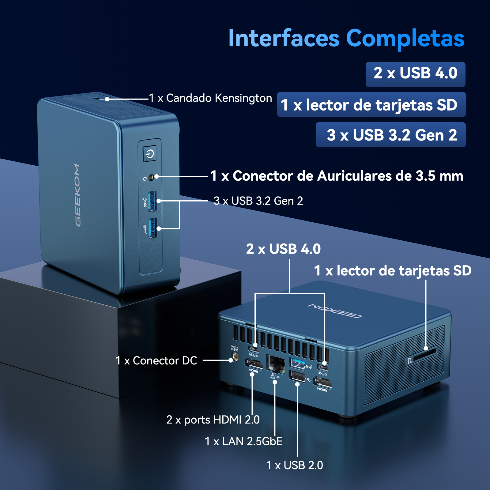 Dos mini PCs GEEKOM azules etiquetados con puertos como USB, HDMI y lector de tarjetas SD.