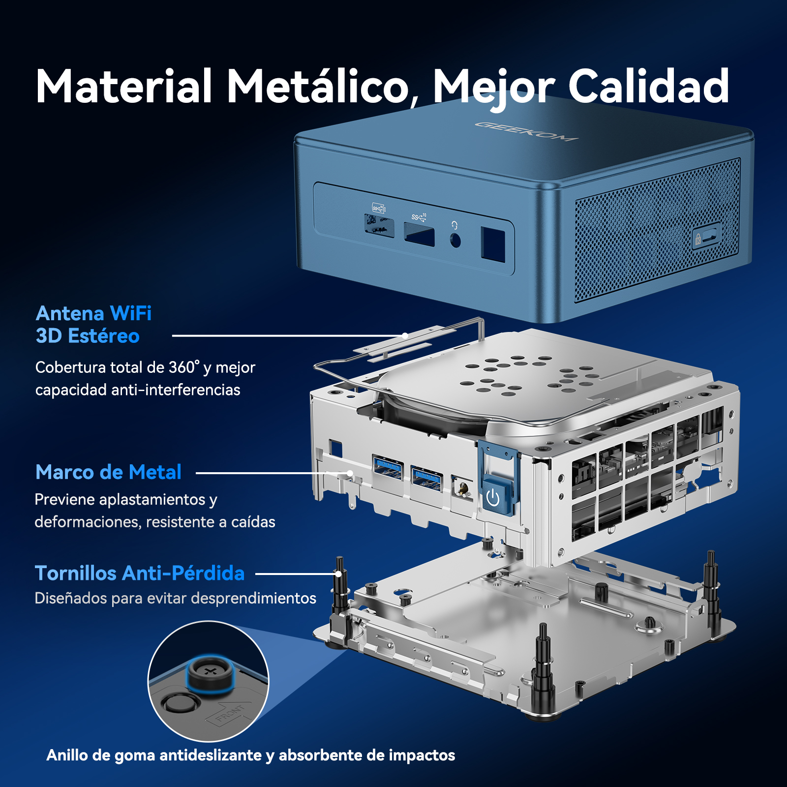 Un mini PC azul desmontado con carcasa metálica, antena y componentes internos.