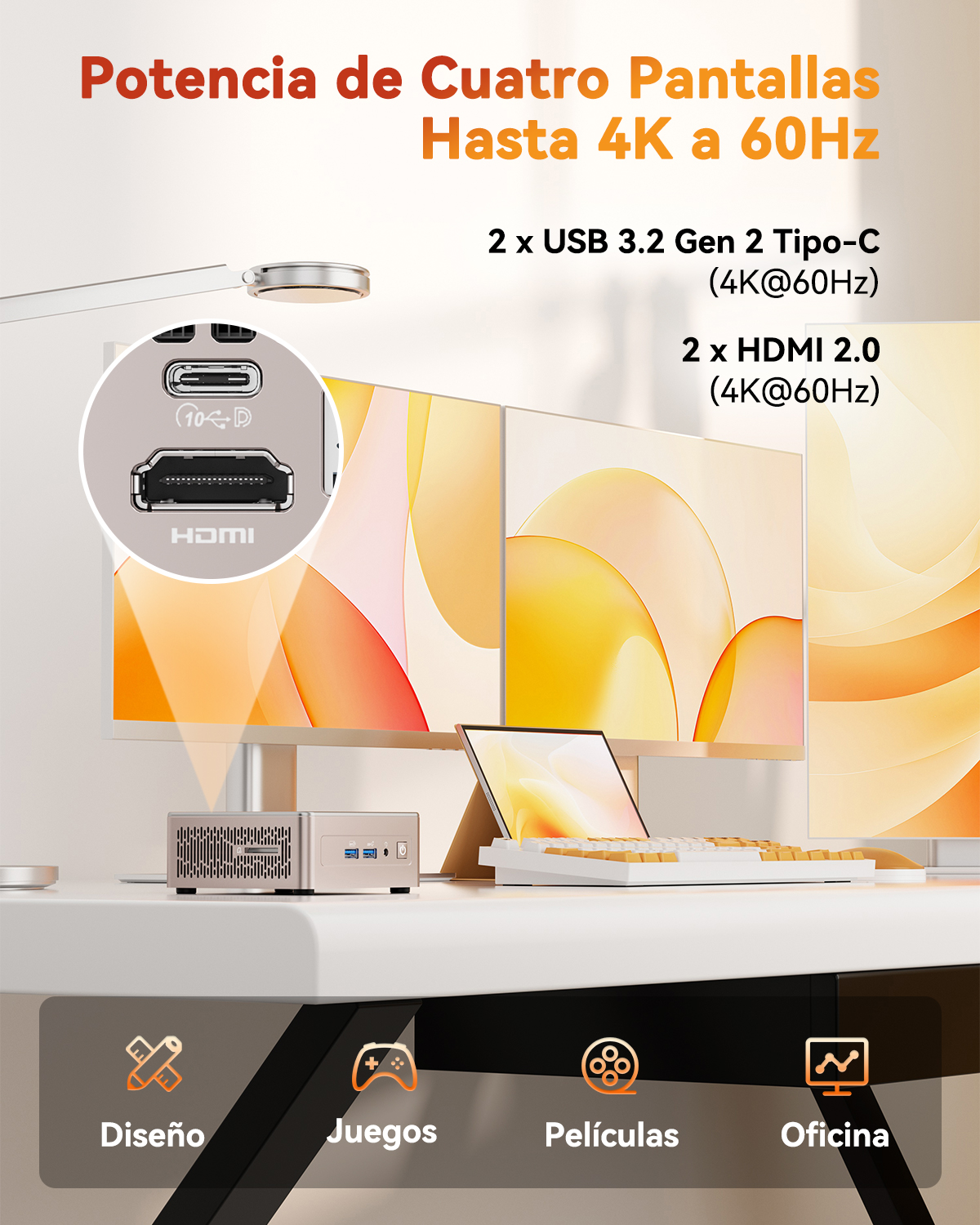Una configuración de escritorio con mini PC, portátil y múltiples monitores. El texto destaca capacidades de pantalla 4K.