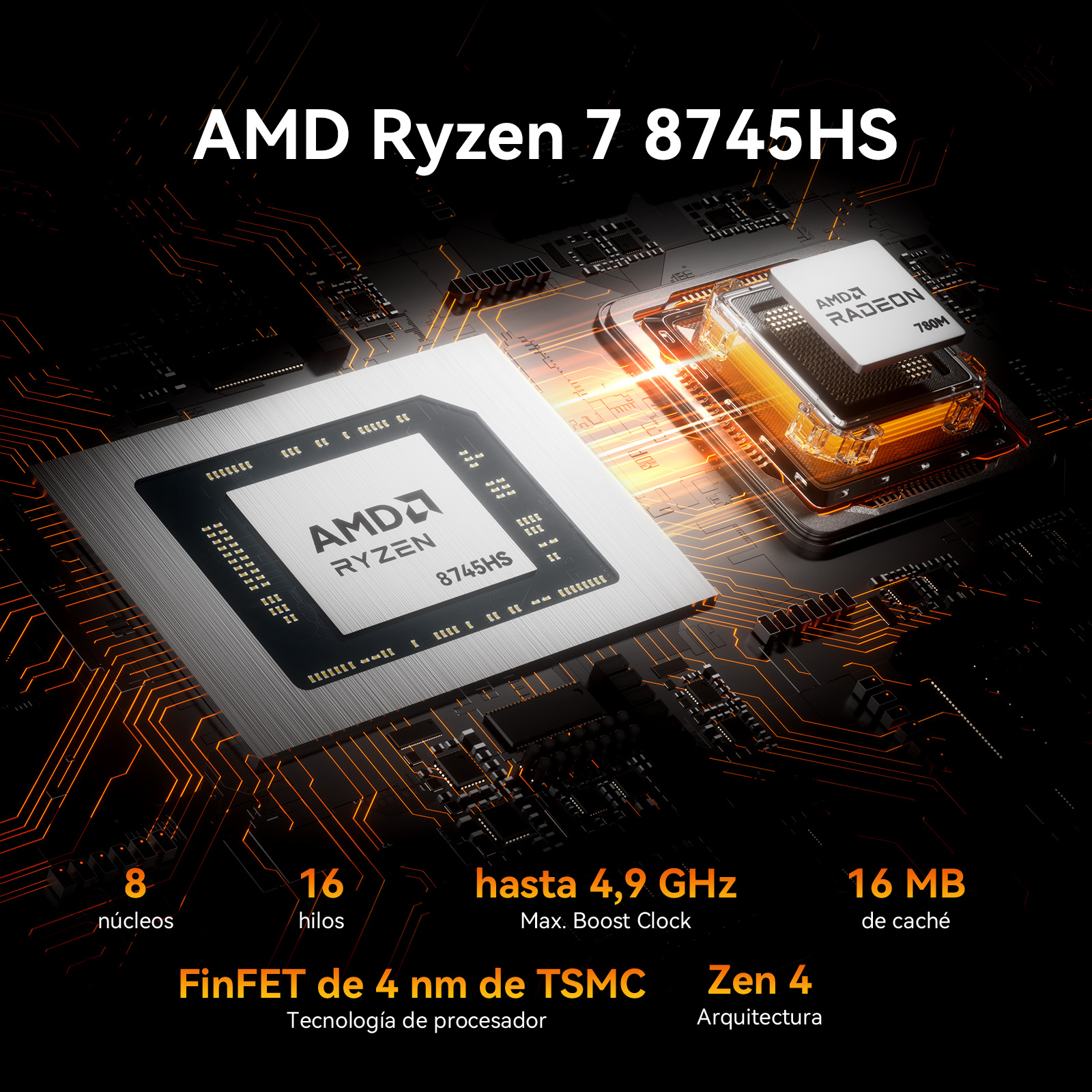 Procesador AMD Ryzen 7 8745HS: 8 núcleos, 16 hilos, 4.9 GHz boost, 16 MB caché.
