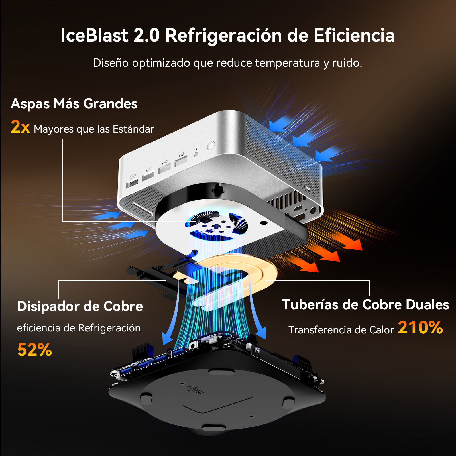 Ilustración de un sistema de refrigeración con ventilador, disipador y tubos.