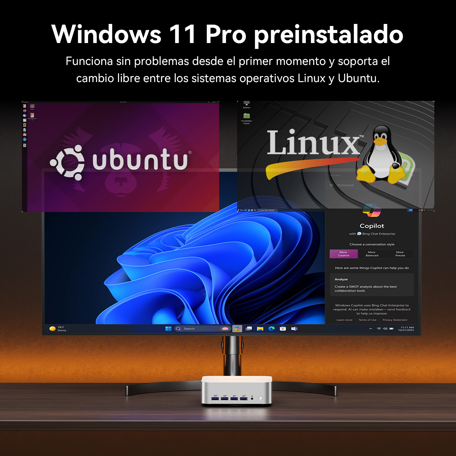 La pantalla muestra Windows 11, Ubuntu y Linux con Copilot.