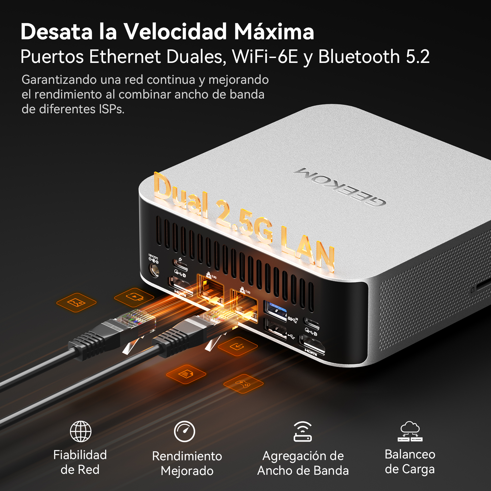 Mini PC plateado con dos cables Ethernet conectados, texto destaca Dual 2.5G LAN.