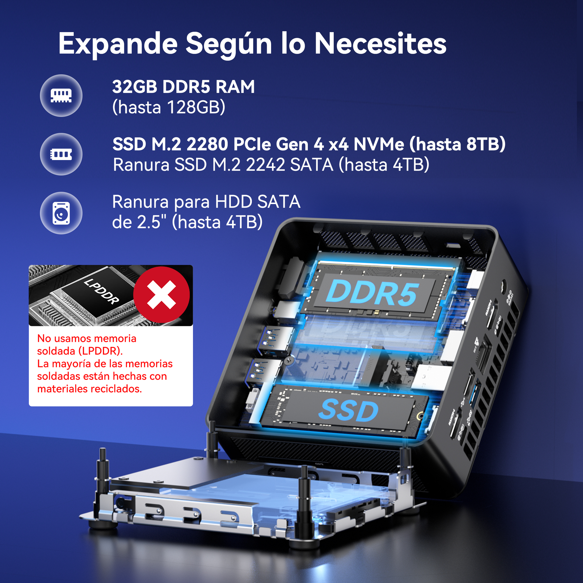 Una caja de computadora con el lado abierto, mostrando módulos DDR5 y SSD.