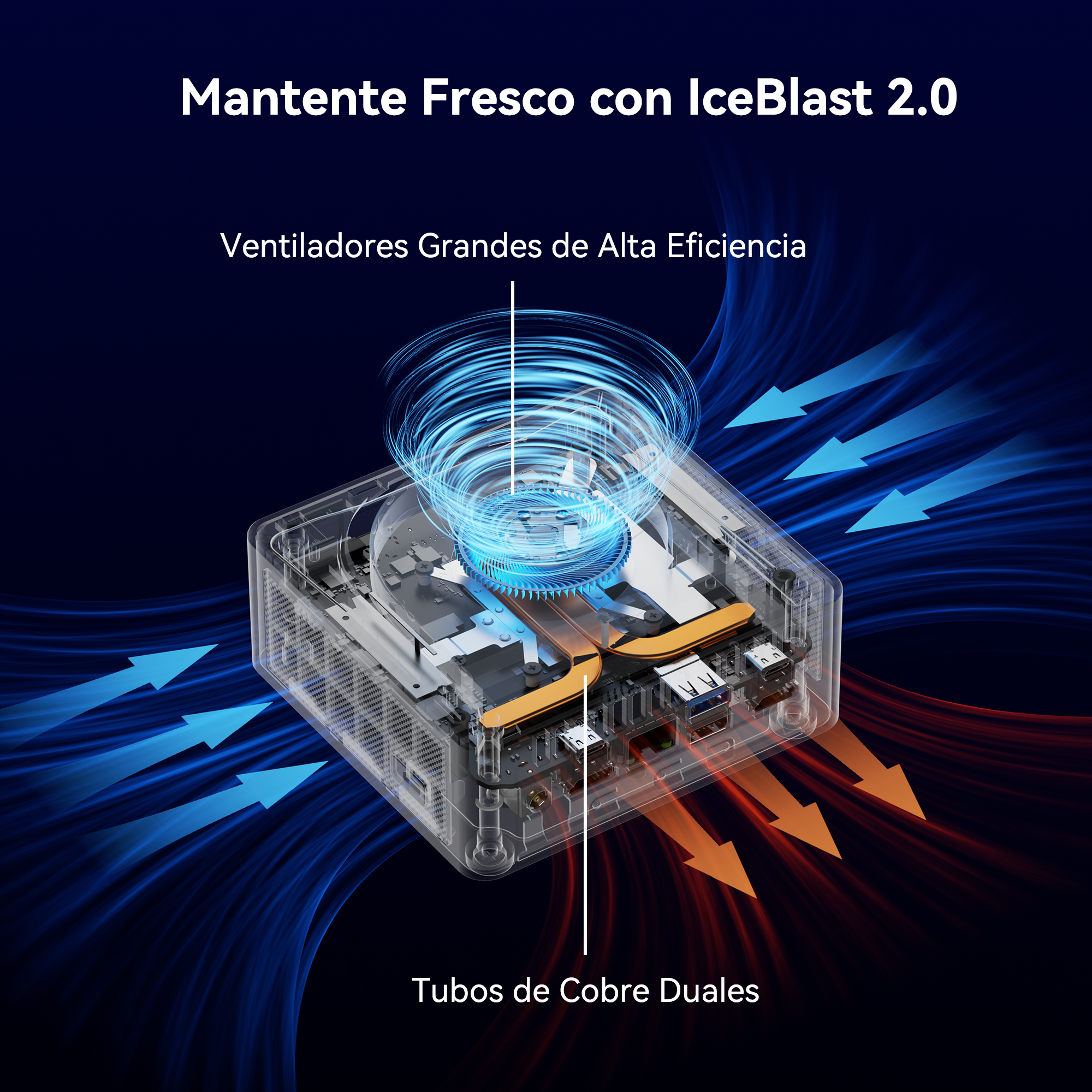 Computadora transparente con ventiladores y tubos de cobre, rodeada de flechas azules y rojas.