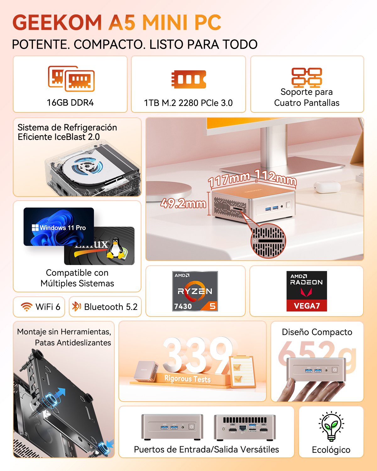 GEEKOM A5 Mini PC: 16GB DDR4, 1TB M.2 SSD, Ryzen 5, Vega 7, WiFi 6, BT 5.2.