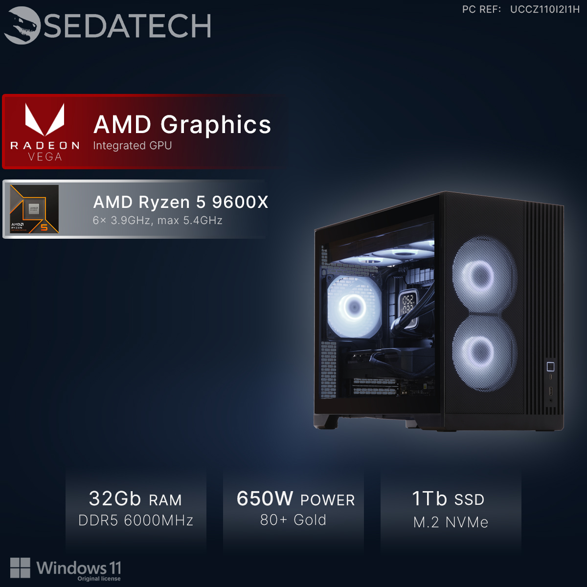 Un PC noir avec AMD Ryzen 5 9600X, 32 Go de RAM, alimentation 650 W.