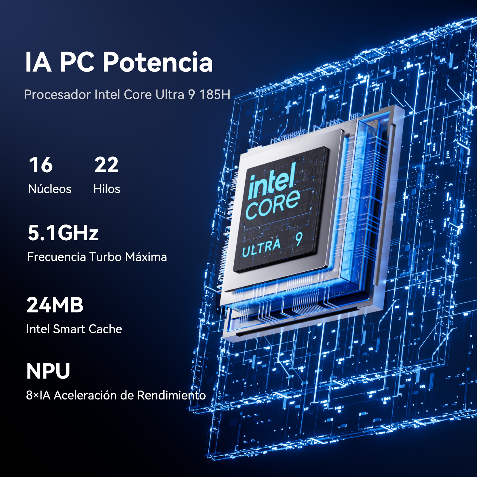 Procesador Intel Core Ultra 9 185H: 16 núcleos, 22 hilos, 5.1GHz, 24MB caché.