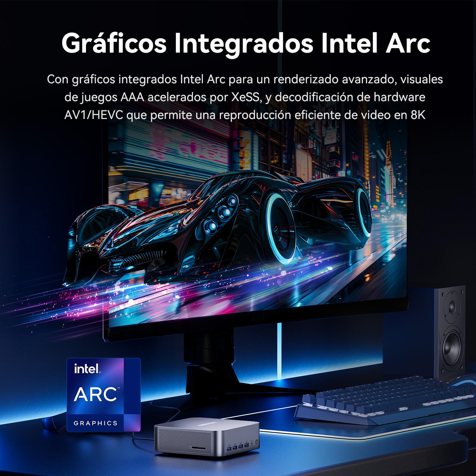 Un coche futurista en una pantalla, junto a un PC y teclado.