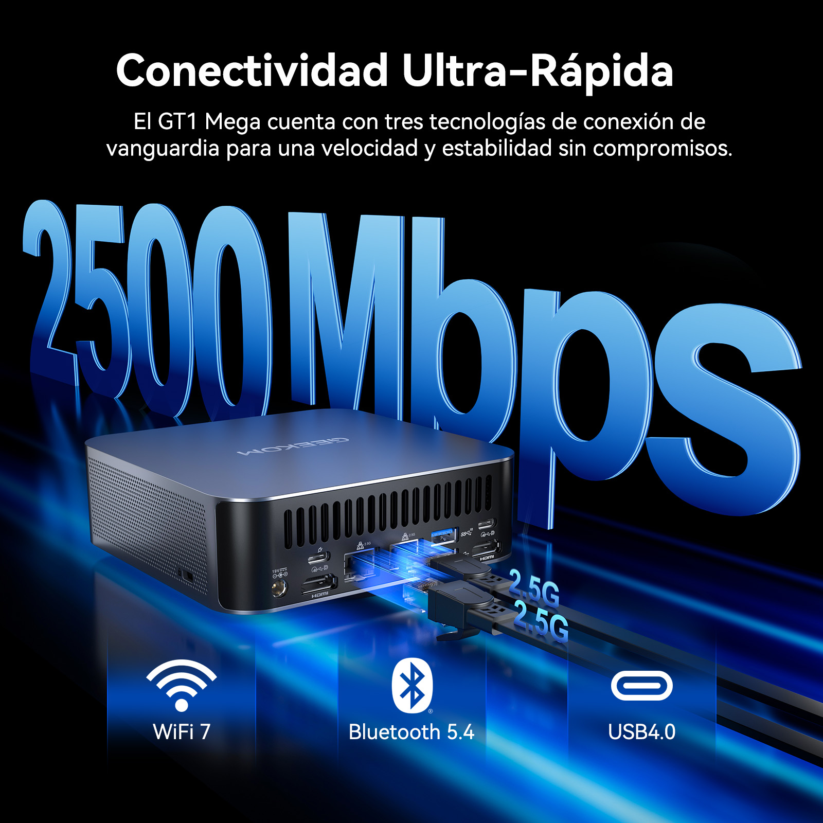 Un ordenador negro pequeño con texto azul grande de 2500Mbps e iconos de WiFi, Bluetooth y USB.