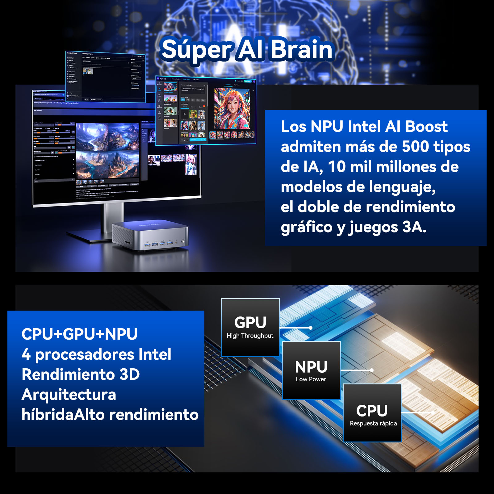 Ilustración con gráfico de cerebro y texto sobre procesadores de IA.