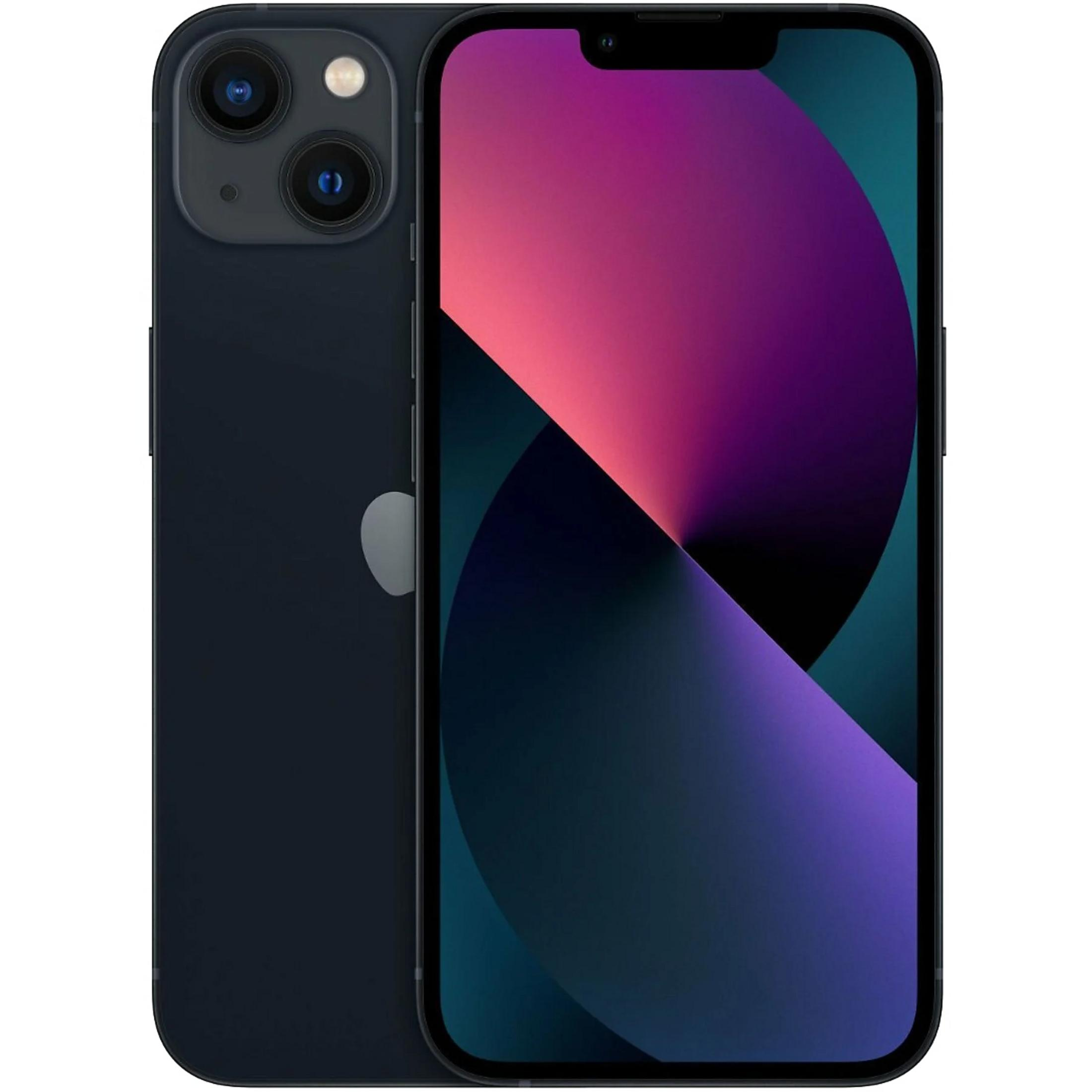 Ciemnoniebieski iPhone z podwójnym aparatem i fioletową/różową tapetą.
