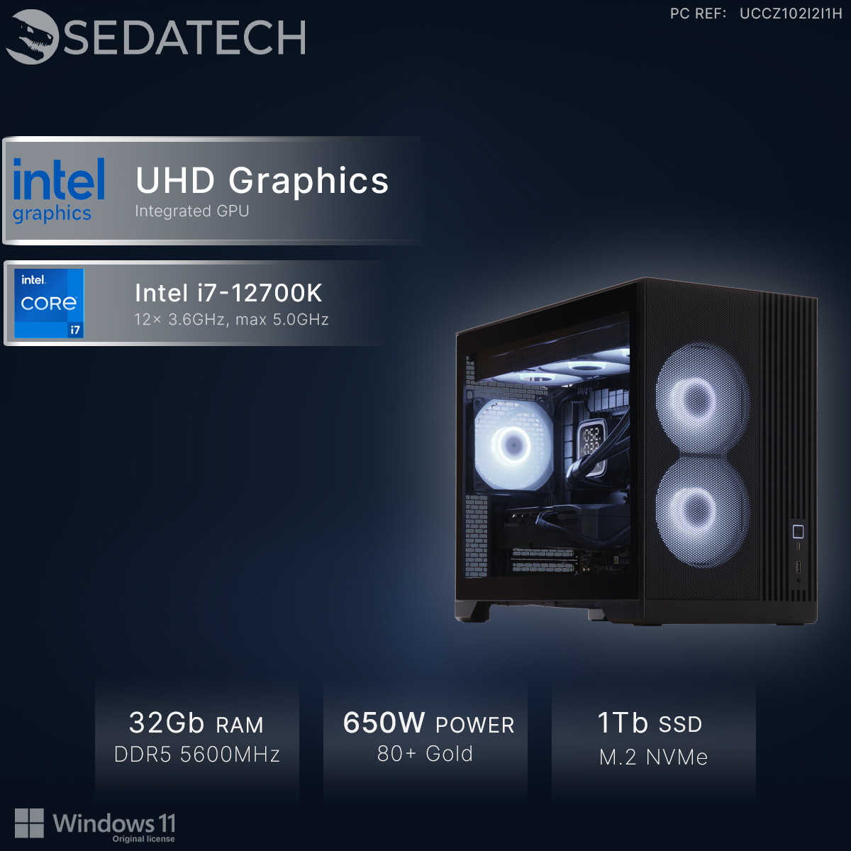Ein Sedatech PC mit Intel i7-12700K, 32 GB RAM, 1 TB SSD, 650W Netzteil, Win 11.