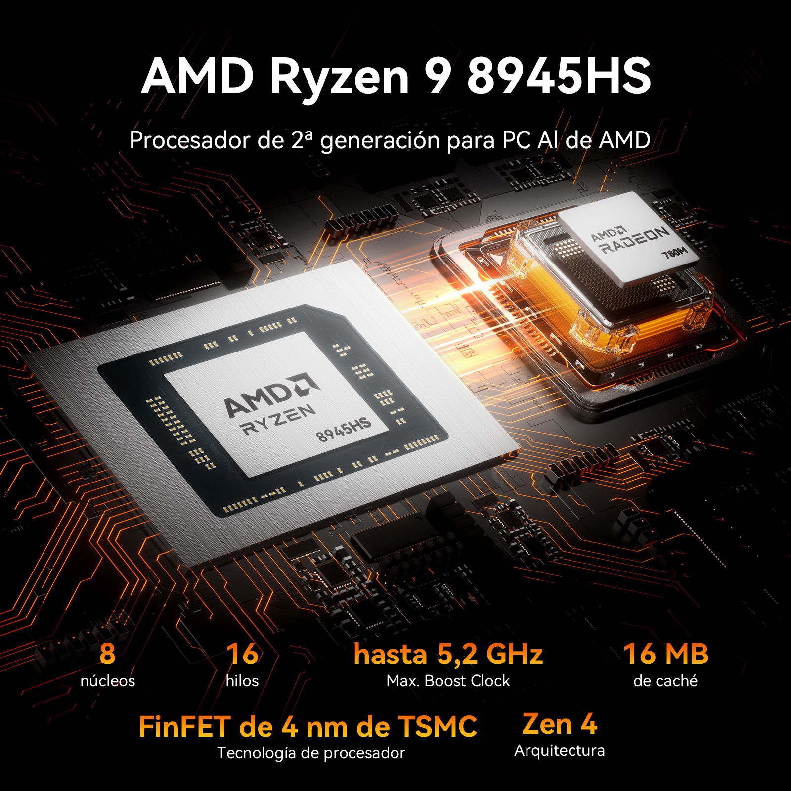 Procesador AMD Ryzen 9 8945HS con 8 núcleos, 16 hilos, 5,2 GHz, 16 MB caché.