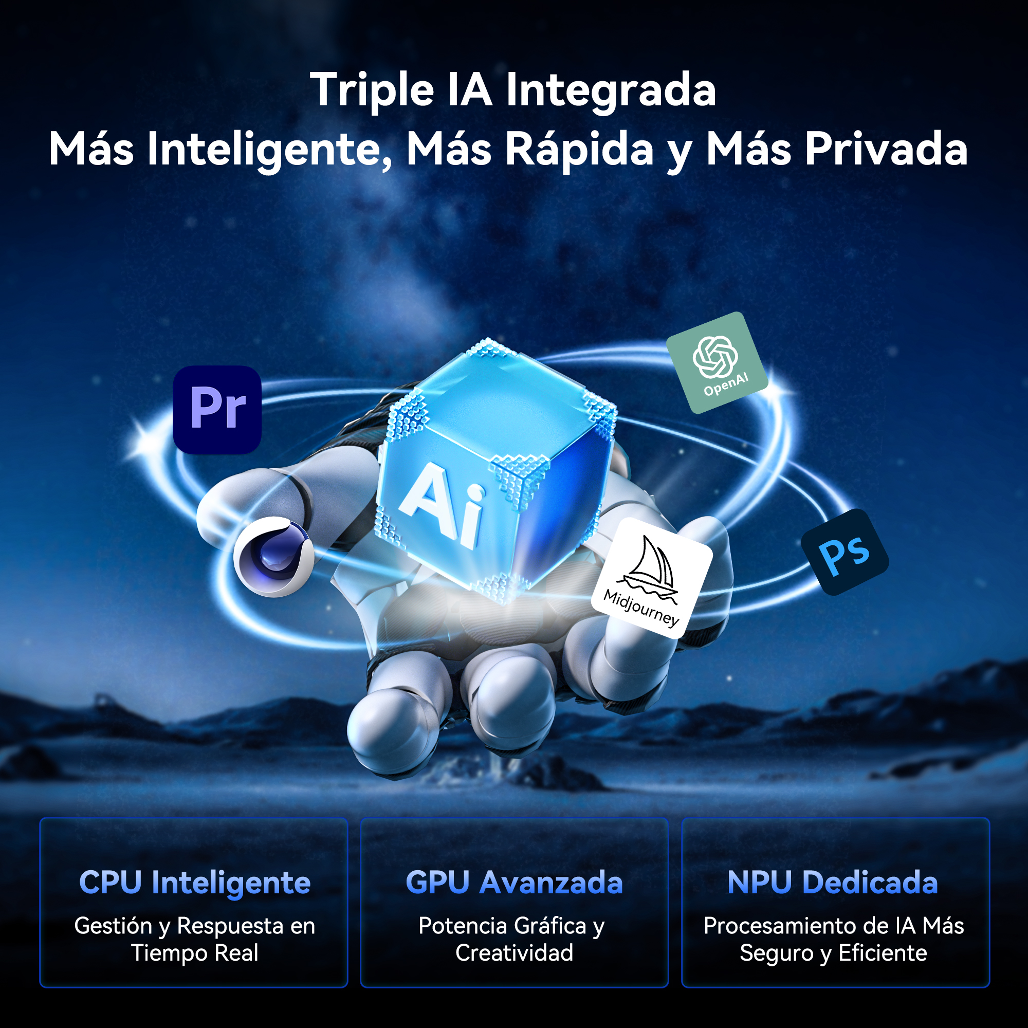 IA: Mano robótica sosteniendo un cubo de IA brillante con logos de aplicaciones.