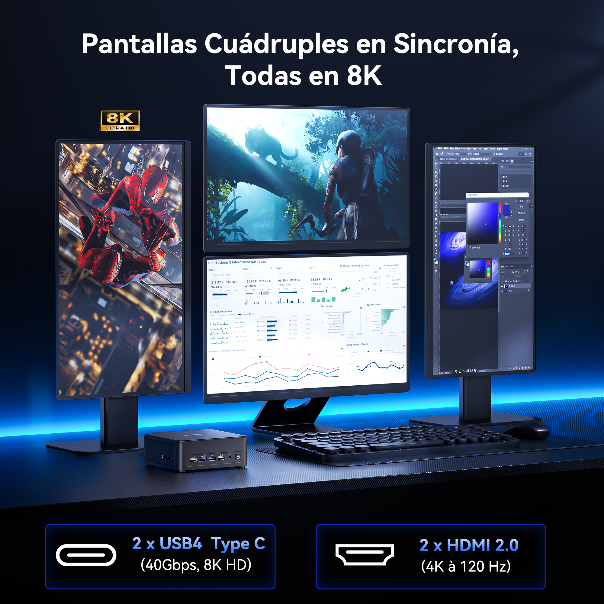 Cuatro pantallas 8K sincronizadas: muestran Spider-Man, un juego, datos y edición de imágenes.