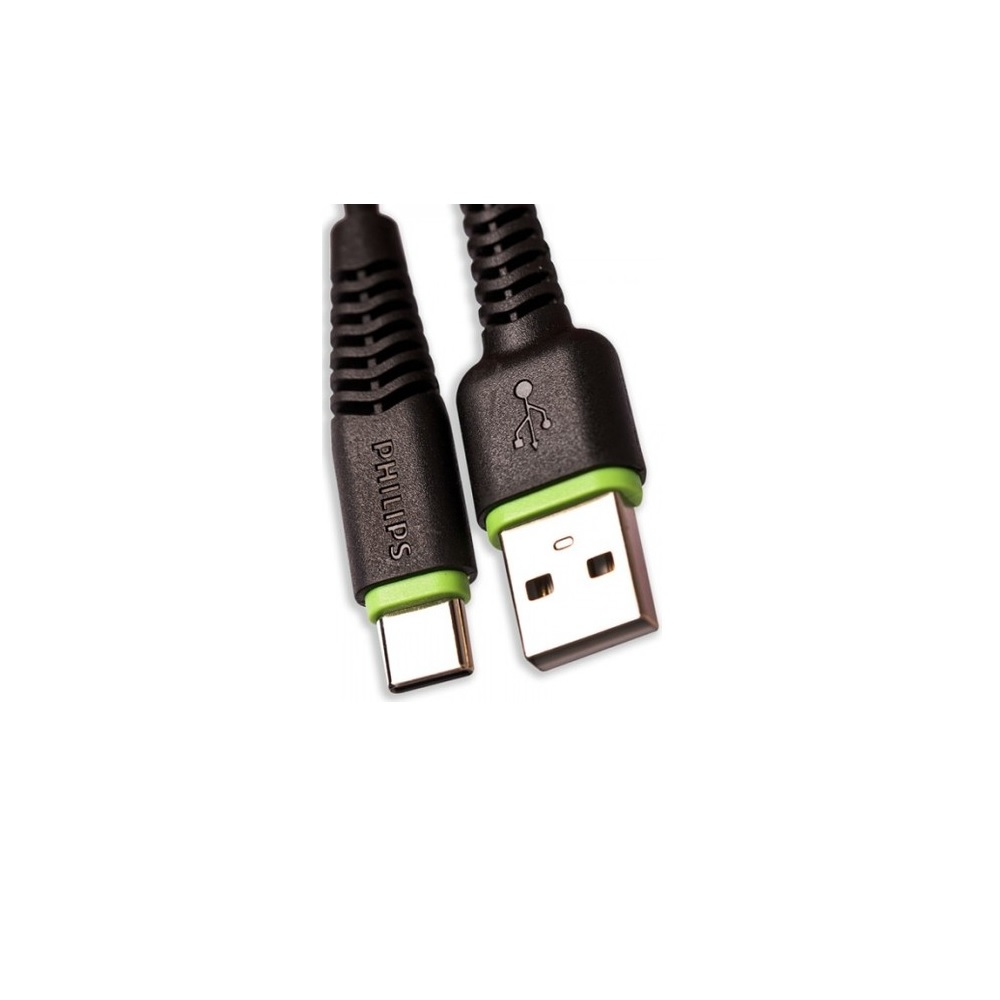Beyaz arka plan üzerinde yeşil vurgulu siyah Philips USB-C - USB-A kablosu.
