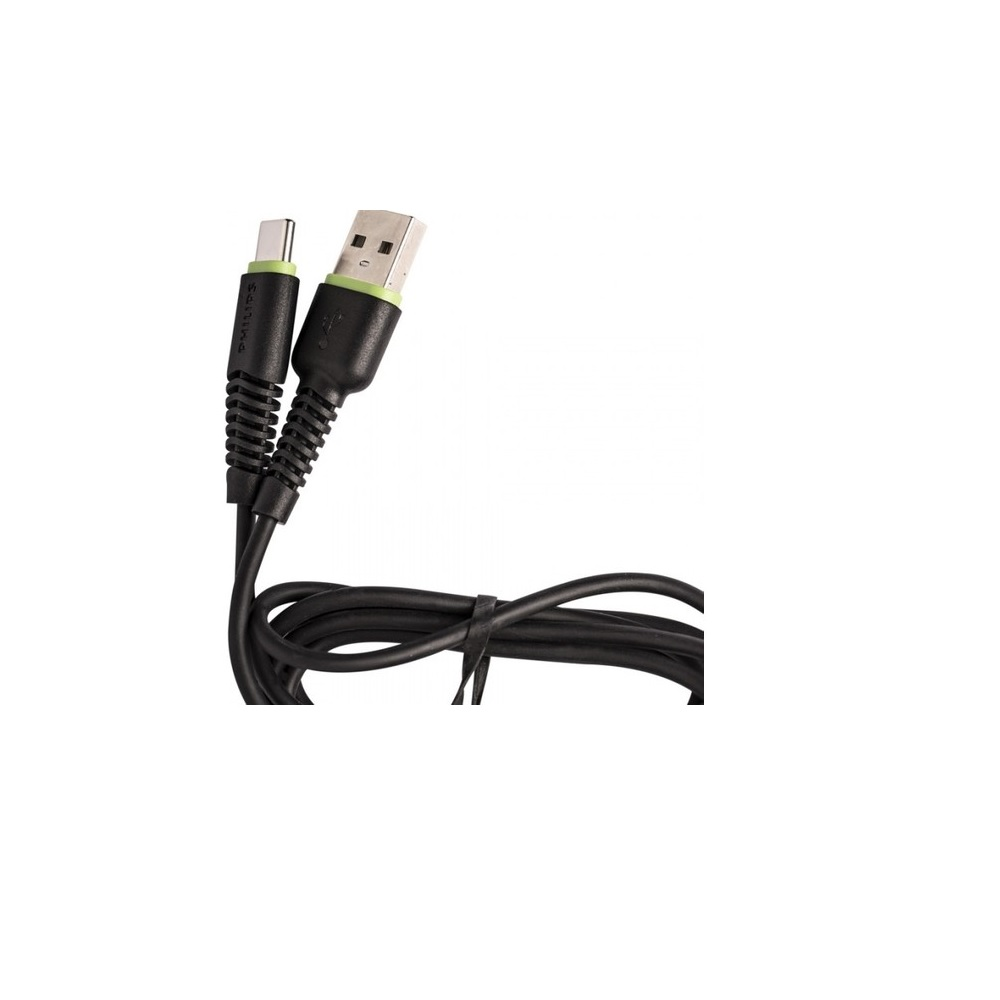 Siyah USB-C - USB-A kablosu, yeşil vurgularla, beyaz arka planda.