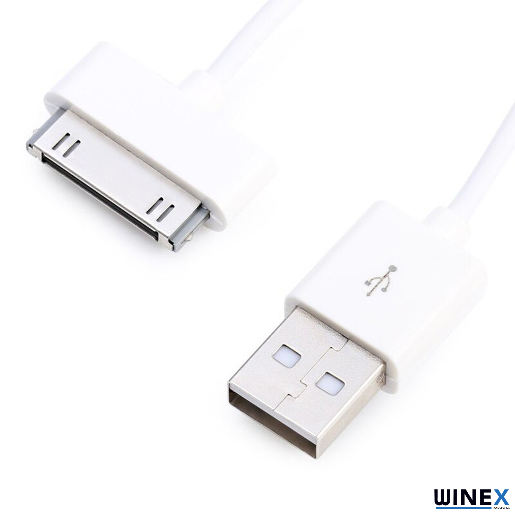 30 pimli ve USB-A konektörlü beyaz bir USB kablosu.