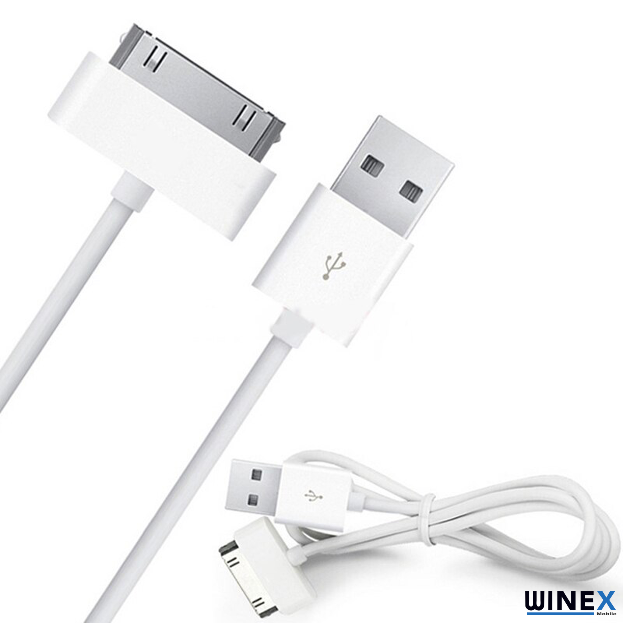 Gümüş konektörlü beyaz USB ve 30 pinli kablolar.