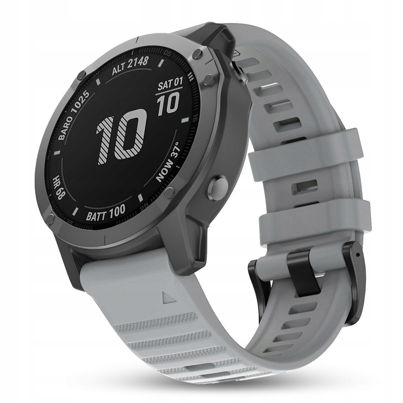 Szary smartwatch z ciemną obudową i czarną klamrą. Pokazuje czas, datę, wysokość, tętno, barometr, baterię.