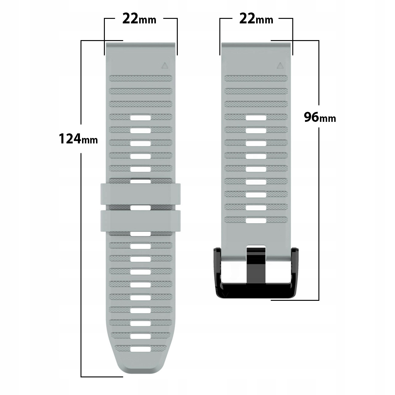 Dwa szare paski do zegarka o wymiarach: 124mm, 96mm i 22mm.