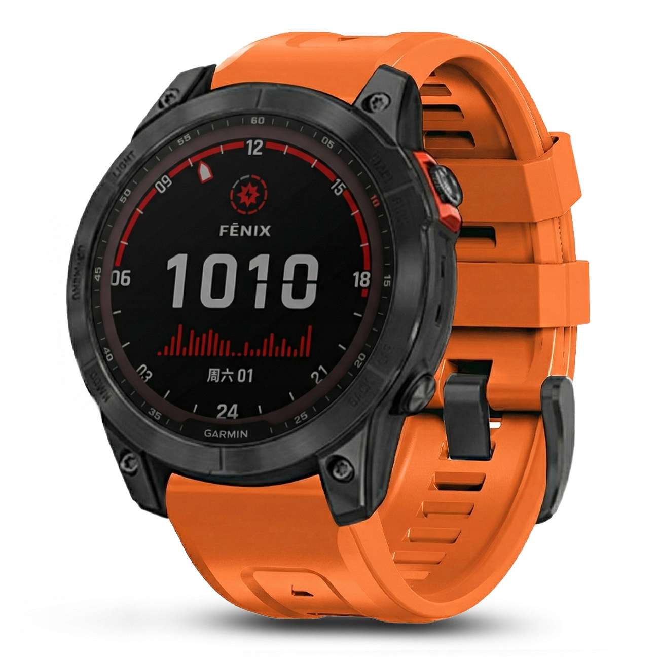 Pomarańczowy smartwatch z czarną obudową i tarczą.