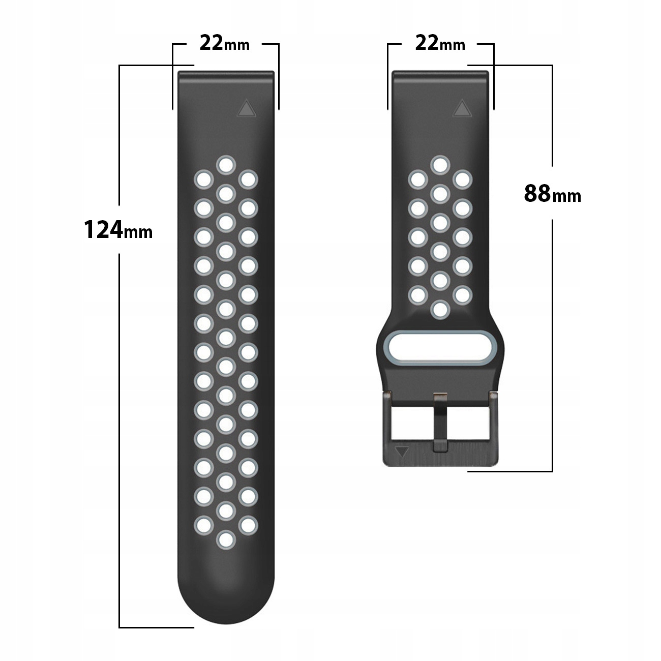 Dwa czarne paski do zegarka z wzorem dziurek. Wymiary 124mm i 88mm.